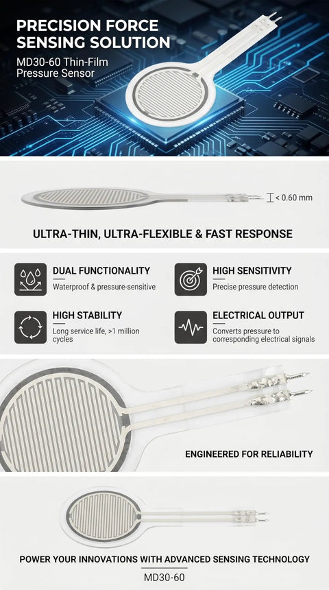 Heavy Duty Force Sensing Resistor With A No Stress Setup For 0 To 30 Kilograms Of Pressure Mapping And Snappy Analog Response On The 30 Mm Round Pad Nailed Flawless Grip Analysis Plus Smooth Office Ergonomics Prototyping, ultra-thin 30mm pressure sensor on circuit board.