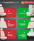 Compatibility guide for Faux Linen Front Car Seat Cover Non Slip Bucket Seat Protector, showing compatible seat types and features.