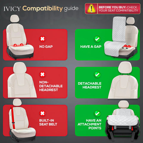 Compatibility guide for Faux Linen Front Car Seat Cover Non Slip Bucket Seat Protector, showing compatible seat types and features.