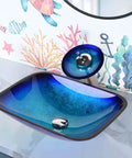 Dope Blue Ripple Tempered Glass Vessel Sink With Waterfall Faucet For Above Counter Vanity Rectangle Design Pop Up Drain Victorian Era Inspired Look For Modern Bathrooms