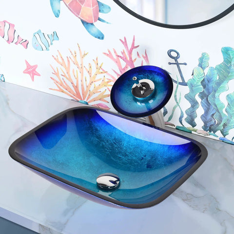 Dope Blue Ripple Tempered Glass Vessel Sink With Waterfall Faucet For Above Counter Vanity Rectangle Design Pop Up Drain Victorian Era Inspired Look For Modern Bathrooms