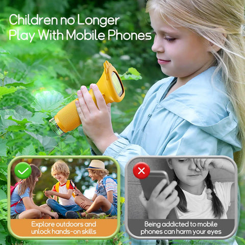 Pocket Digital Microscope For Kids 1000X Portable Handheld Microscope With Built In Storage For Photo And Video Capture Provides Real Time Viewing Of Plants Insects Coins Jewelry Stamps Educational Toy Gift For Ages 3 To 10 Boys And Girls, child using yellow handheld microscope outdoors