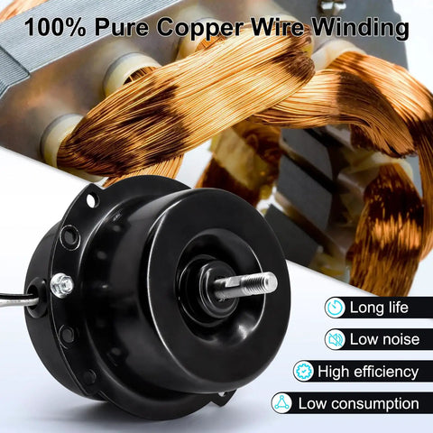 Close-up of 14 Inch Gable Mount Attic Fan motor with copper wiring, featuring 100% pure copper wire winding.