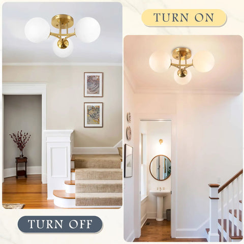 Cool Three Light Globe Sputnik Ceiling Light In Gold Finish With Milk Glass Shades for Living Room and Bedroom, Off and On Views