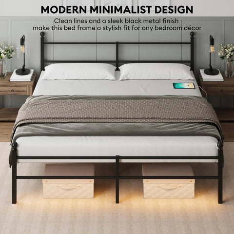 King Size Metal Platform Bed Frame With Led Headboard And Built In Charging Station Sets Off Cool Vibes With Music Sync Lights Heavy Duty Steel Slats Support No Box Spring Needed Quick And Easy Setup Black, featuring organized under bed storage.