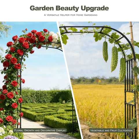 Square Tube Garden Arch Trellis For Climbing Plants Outdoor Metal Arbor Black with roses and vegetables in a garden setting