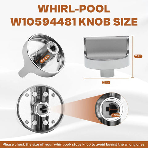 Stainless Steel Gas Range Stove Knobs Replacement Set (5 Pack) with size dimensions for Whirlpool Cooktop Ovens.