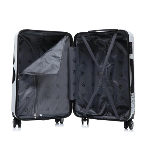 Carry-on luggage InUSA butterfly-print 20-inch with spinner wheels, opened to show gray interior with mesh divider.