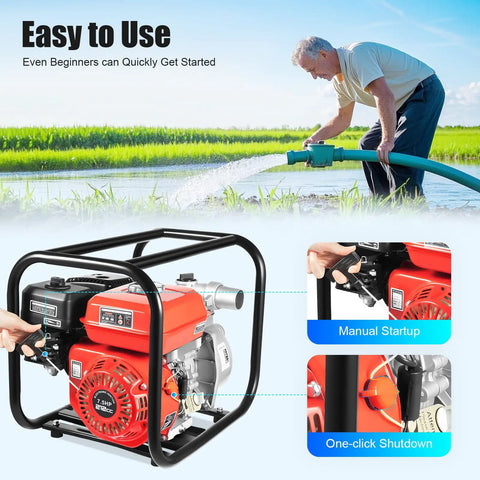 Beastly Performance 2 Inch Gas Powered Water Transfer Pump With A Legit 7.5 HP Engine and 212 CC Four Stroke Motor for easy manual startup.