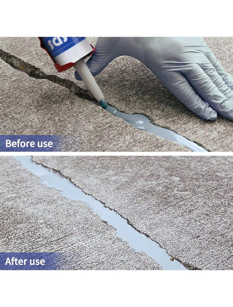 Concrete Crack Filler For Outdoors Waterproof Sealant, self leveling repair patch applied to cracked concrete surface, before and after.