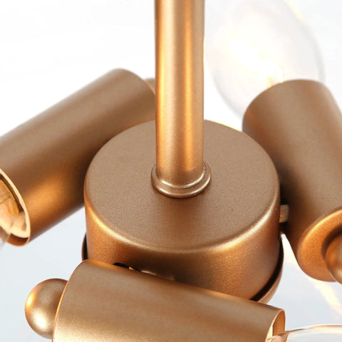 Close-up of fixture center of Gold Semi Flush Mount Ceiling Light With Fishbowl Glass Shade Chic Modern Minimalist Fixture For Dining Room Living Room Kitchen Island And Bedroom 3 Lights Close To Ceiling
