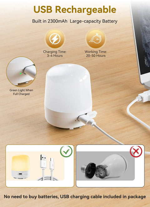 Go-To Rechargeable E26 LED Light Bulbs With Remote And Timer, Battery Backup, USB charging, 2300mAh, on wooden desk