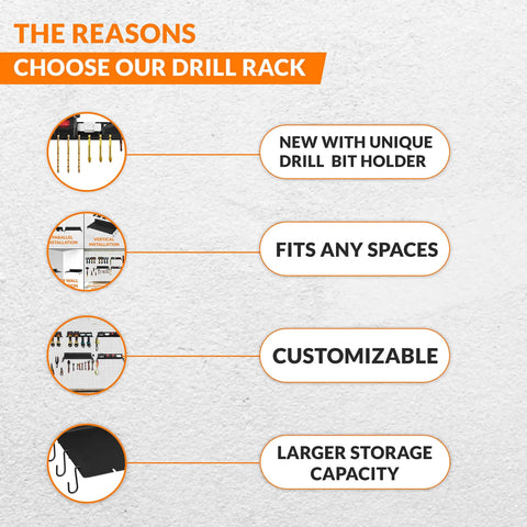 Infographic highlighting features of Power Tool Organizer With Drill Holder And Charging Station Wall Mount with 6 Hooks.