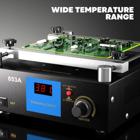Pro Grade No Frills Digital Soldering Hot Plate with PCB on top, showing 381°C for precise BGA rework and SMD PCB welding.