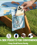 Person using pocket on waterproof picnic table cover with bench covers, includes 1 table cover and 2 bench covers fits 72 inch tables and benches.