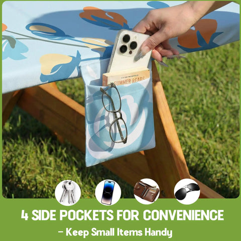 Person using pocket on waterproof picnic table cover with bench covers, includes 1 table cover and 2 bench covers fits 72 inch tables and benches.