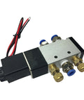 Four Way Solenoid Valve One Quarter Inch With All Fittings For Pneumatic Cylinders Twelve Volt Includes Push In Air Fittings
