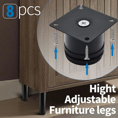 Close-up of Premium Sleek Adjustable Furniture Legs Rock Solid Black Steel Cabinet Feet showcasing attachment screws and height adjustment.