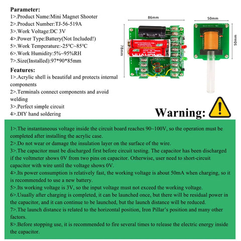 Electronics Soldering Practice Kit With Mini Magnet Shooter Educational DIY Electronics Project Coiled Electromagnet Transmitter Build For Beginners Hands On Fun Desktop Toy And Shooting Game Experience specifications and warnings.