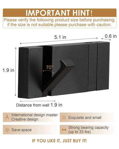Two Pack Waterproof Matte Black Towel Hooks For Bathrooms And Kitchen Wall Mounted Built To Last Coat And Robe Hooks size 5.1x1.9x0.6 inches