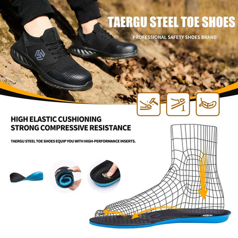 Indestructible Slip On Steel Toe Shoes For Men Built Tough For Work Non Slip Lightweight Safety Sneakers With Comfortable Fit For Construction And Industrial Jobs ASTM F2413-24 Certified Black Size 7 shown on outdoor surface with cushioning details.