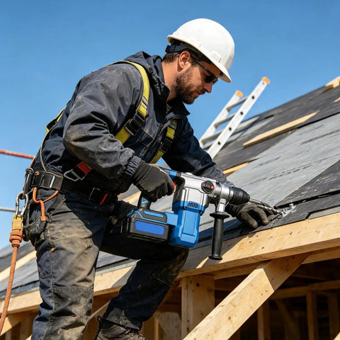 Heavy Duty Hammer Drill Handle For 60-65mm Front Grip With Non Slip Abs Steel Texture That Cools Down Hands and Kills The Vibes On Tough Masonry Projects in use on a roof.