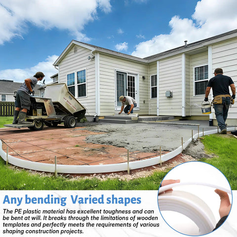 Installation of three pack plastic concrete forms for walkways with easy setup, 13 ft long by 5 in wide, PE flex molds outdoors
