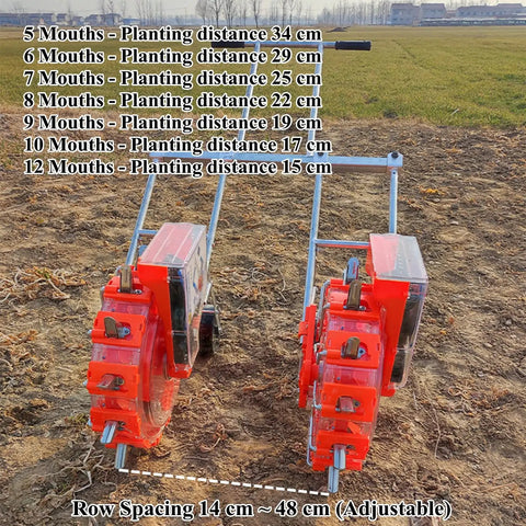 Double Row Hand Push Garden Seeder Roller for Quick Sowing showing 10 mouths and adjustable row spacing on field