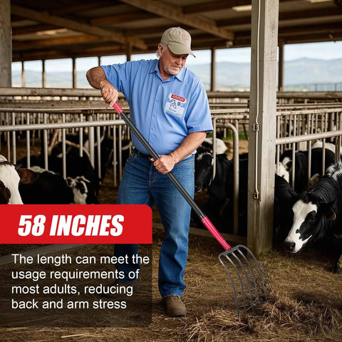 Man using 5 Tine Pitch Fork Heavy Duty Manure Fork With Long Fiberglass Handle 58 Inch For Farm Garden Yardwork And Compost Turning