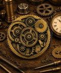 Handcrafted 3d Steampunk Gear Pewter Belt Buckle For Men And Women, round with intricate gear designs, resting on wooden surface.