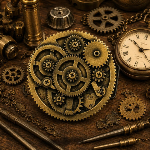 Handcrafted 3d Steampunk Gear Pewter Belt Buckle For Men And Women, round with intricate gear designs, resting on wooden surface.