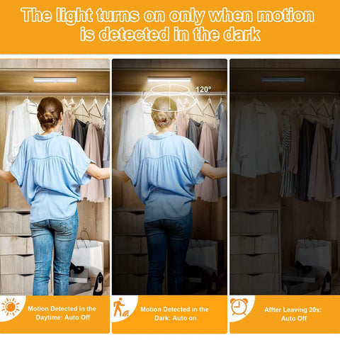 Battery Operated Motion Sensor Light For Indoor Use, Magnetic Under Cabinet Strip, auto on in dark closet, woman demonstrated.