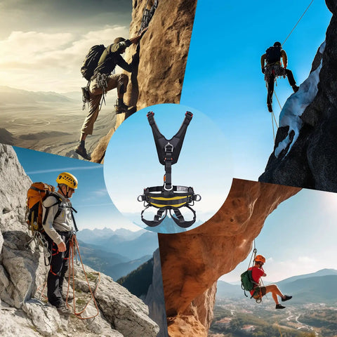Full Body Climbing Harness With Inverted Capability, visible in use during rock climbing and mountaineering activities.