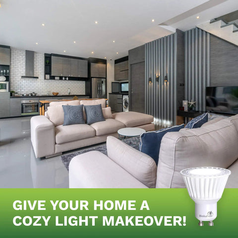 Modern living room with GU10 LED Dimmable Bulbs Pack Of 10, 3000K Soft White, 50W Halogen Replacement, lighting visible