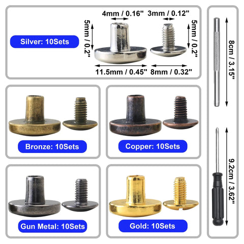 No Fuss 50 Set Chicago Screws And Leather Rivets Kit Featuring Assorted Zinc Alloy Metal Studs Paired With Quick Grip Tools and sizes for patching.