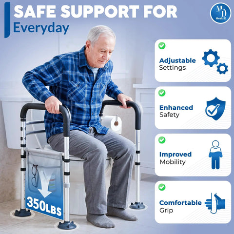 Premium Toilet Safety Rails For Aging Adults And Rehab Users Offers No Sweat Setup With Traction Handholds And Beefy Steel Tubing Folds Quick For Clutter Free Baths Bears Up To Three Hundred Fifty Pounds Without Breaking A Sweat. Senior man using adjustable toilet safety rails with comfortable grip, supporting 350 lbs.