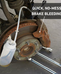 Cal-Spec Tools brake bleeder kit installed on a disc brake; white 16 oz catch bottle with clear hose