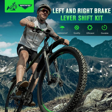 Cyclist on mountain bike with 3x7 21 Speed Bike Shifter And Brake Lever Set for Mountain Road BMX MTB aluminum alloy build