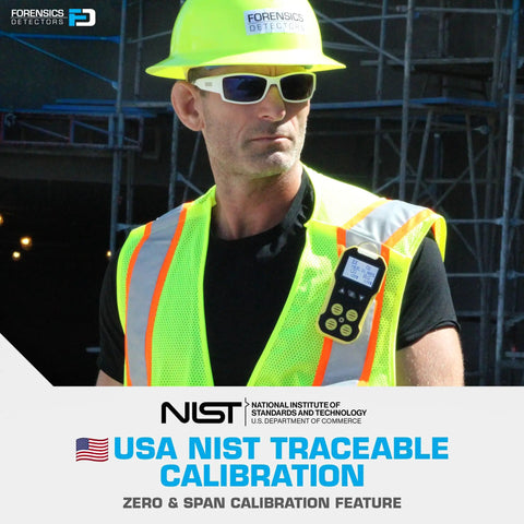 Man wearing safety gear with 4 Gas Monitor With Pump For Confined Spaces, O2 CO H2S LEL Sensors, USB Rechargeable, NIST Calibration Certificate