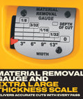 Material removal gauge from Smoother Than Silk 13 Inch Benchtop Thickness Planer displaying cut depth and width options.