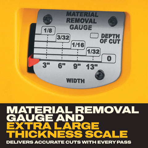 Material removal gauge from Smoother Than Silk 13 Inch Benchtop Thickness Planer displaying cut depth and width options.