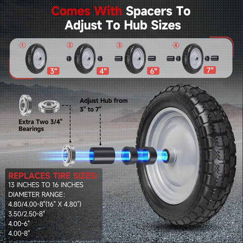 Solid Tire And Wheel Kit For Wheelbarrows And Garden Carts With 14.5 Diameter Flat Free Tire, 4.80 4.00 8 Size pictured with spacers