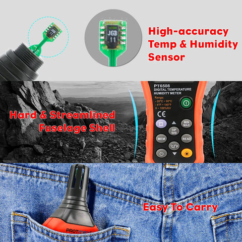 Digital Temp And Humidity Meter With Ambient Dew Point And Wet Bulb, close-up of sensor, rugged design, fits in pocket, PT6508