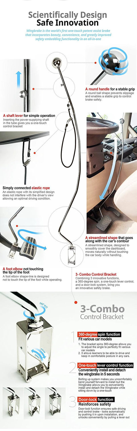 Wingbrake-V driver training brake, Amazon brand; installed in car footwell with 3-Combo control bracket.