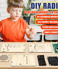 DIY FM Radio Kit For Beginners Build Your Own 88 To 108 MHz Radio Toy with wooden parts, child assembling components.