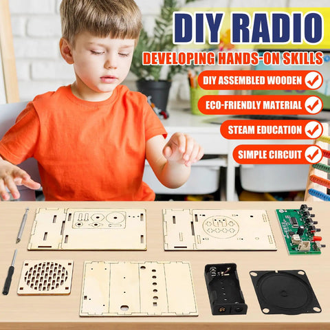 DIY FM Radio Kit For Beginners Build Your Own 88 To 108 MHz Radio Toy with wooden parts, child assembling components.