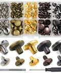 No Fuss 50 Set Chicago Screws And Leather Rivets Kit Featuring Assorted Zinc Alloy Metal Studs in varied colors with driver tool