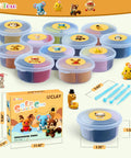 Air Dry Clay Kit For Kids With 12 Animal Sculpting Molds And 4 Vibrant Colors, containers and tools displayed, kid friendly design.