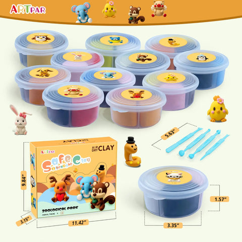 Air Dry Clay Kit For Kids With 12 Animal Sculpting Molds And 4 Vibrant Colors, containers and tools displayed, kid friendly design.