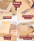 Water Activated Tape With Fiberglass Reinforced Backing For Extra Strength Brown Kraft Paper Packaging Roll shown in various uses for storage, moving, sealing, and wrapping.
